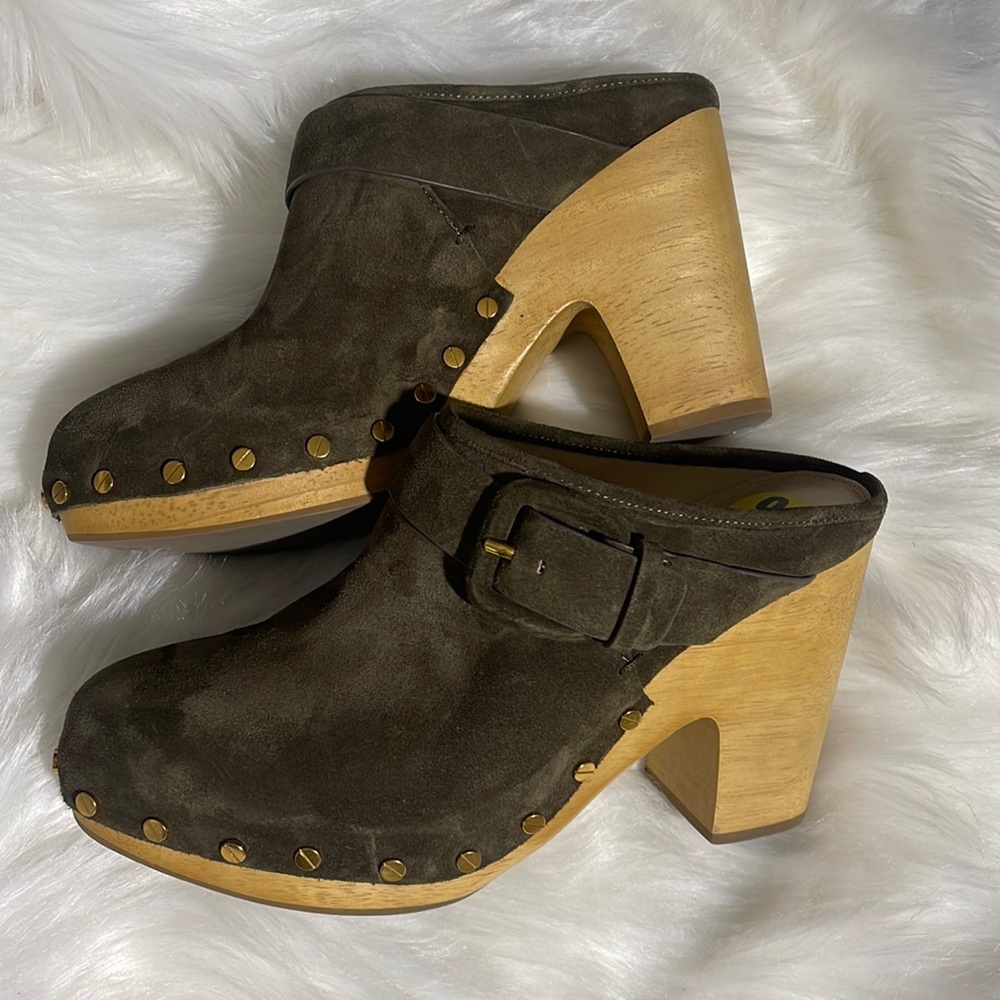 Veronica Beard Dacey buckle clogs olive